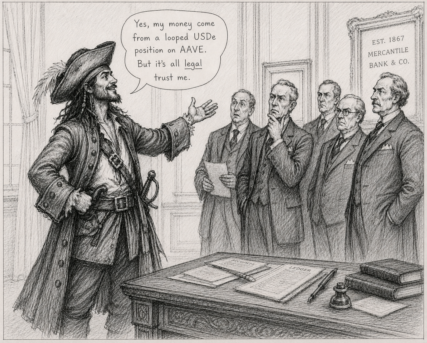 Roguish pirate-inspired outsider introducing himself to private bankers on a Monaco terrace